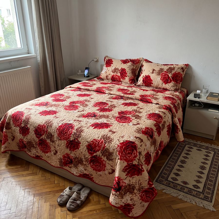 Cuvertura Pentru Pat Dublu, 3 Piese, Trandafiri, Multicolor, P23786 — fotografie reală, acasă