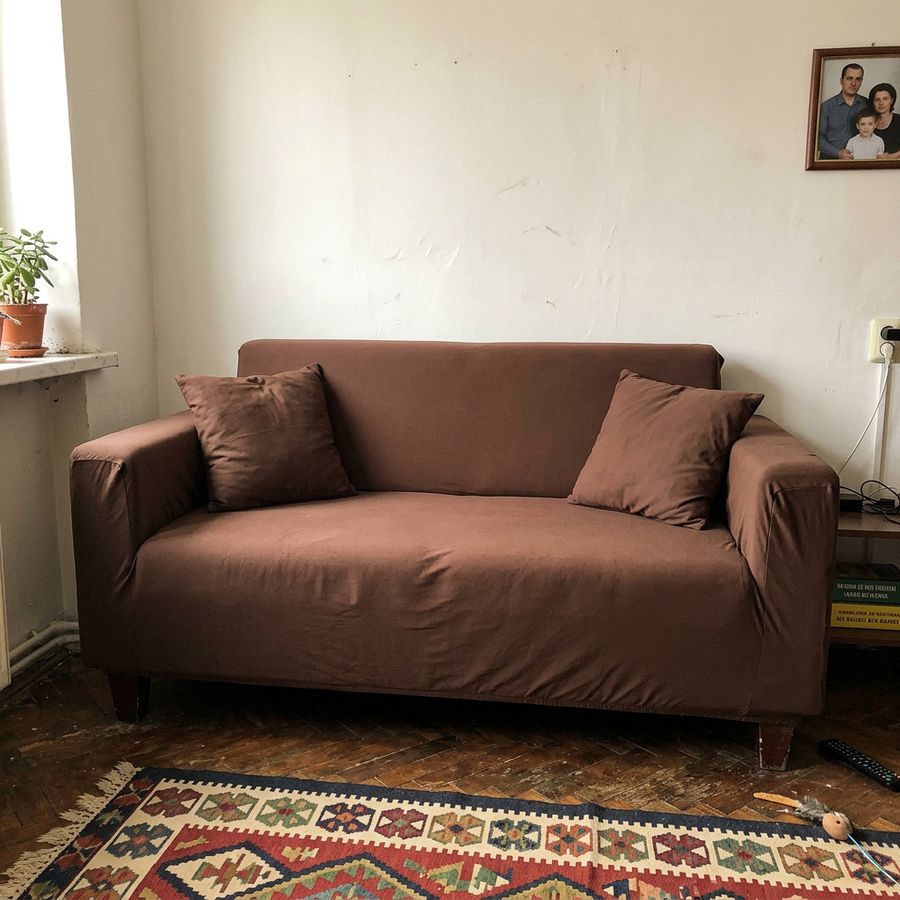 Husa Elastica cu Brate, Canapea 2 Locuri, UNI, Maro, M12 — fotografie reală, acasă
