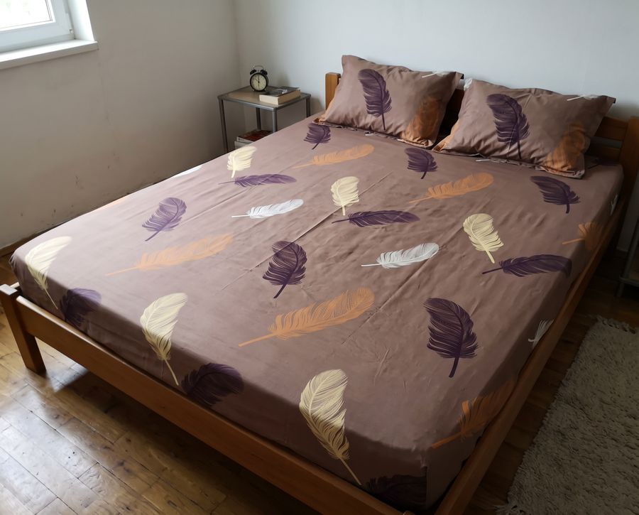 Husa Pat dublu cu elastic, Bumbac Finet, Frunze, Maro, BR8610 — fotografie reală, acasă