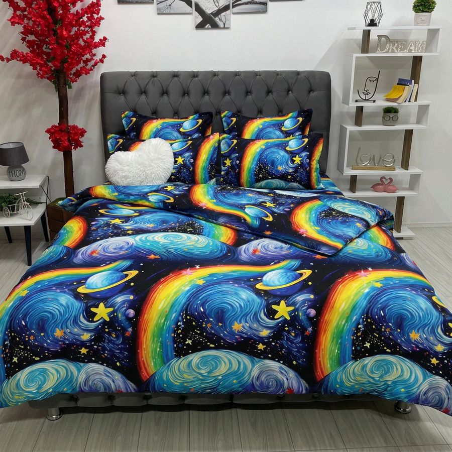 Lenjerie Bumbac Finet  6 Piese, Constelatie, Multicolor, R60-613 — fotografie reală, acasă