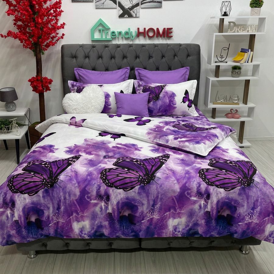 Lenjerie Bumbac Finet 6 Piese, Fluturi, Alb/Mov, R60-598 — fotografie reală, acasă