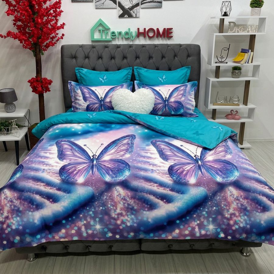 Lenjerie Bumbac Finet 6 Piese, Fluturi, Bleu, R60-623 — fotografie reală, acasă