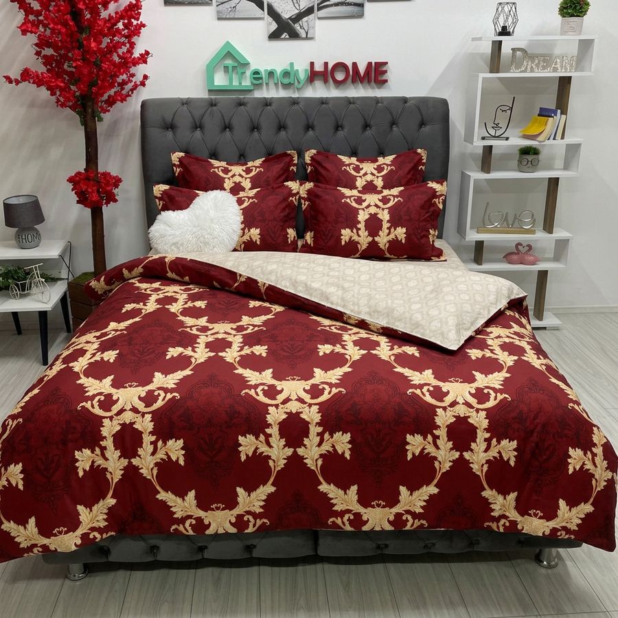 Lenjerie Bumbac Finet 6 Piese – Model Baroc, Bej/Rosu/Auriu, R60-487 — fotografie reală, acasă