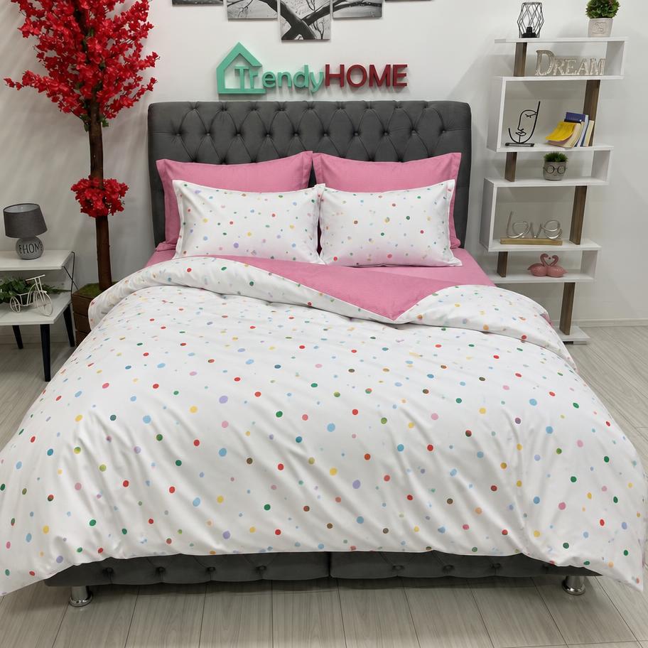 Lenjerie Bumbac Finet 6 Piese – Model Buline Colorate, Alb/Roz, R60-518 — fotografie reală, acasă