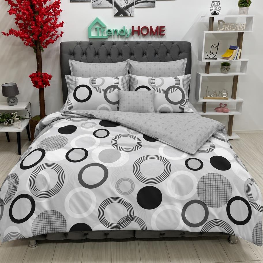 Lenjerie Bumbac Finet 6 Piese – Model Cercuri, Gri/Negru, R60-448 — fotografie reală, acasă