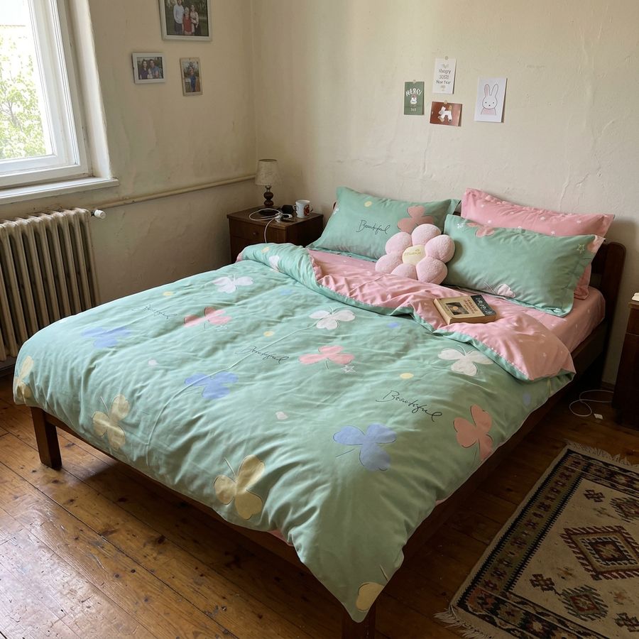 Lenjerie Bumbac Finet 6 Piese – Model Trifoi, Roz/Verde, R60-520 — fotografie reală, acasă