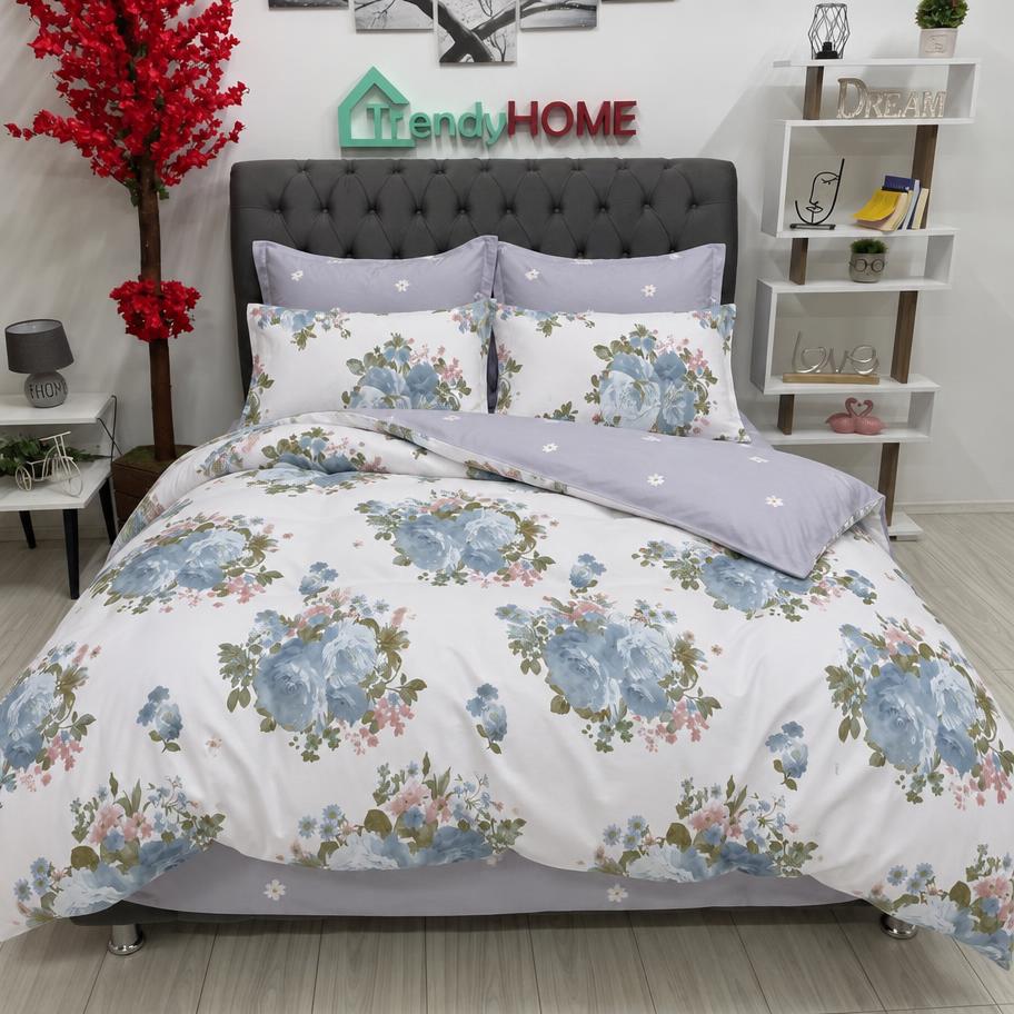 Lenjerie Bumbac Finet 6 Piese – Model Flori, Alb/Bleu, R60-532 — fotografie reală, acasă