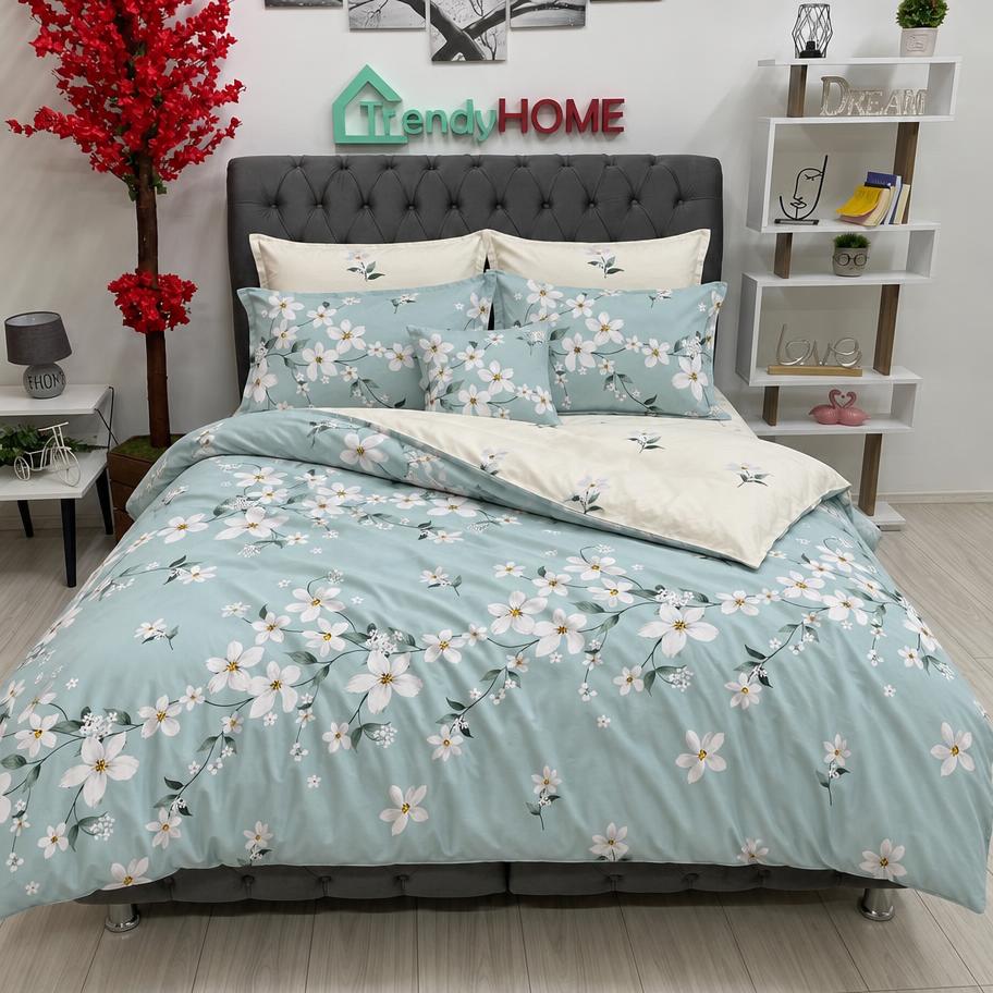 Lenjerie Bumbac Finet 6 Piese – Model Flori Albe, Turcoaz, R60-296 — fotografie reală, acasă