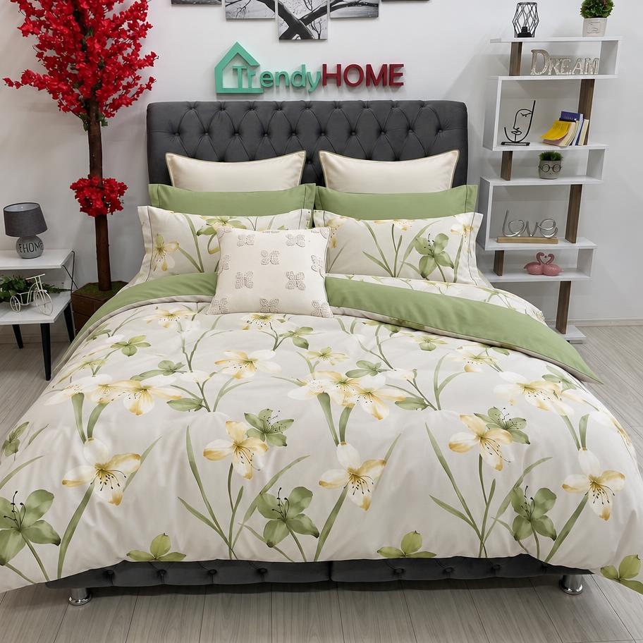 Lenjerie Bumbac Finet 6 Piese – Model Flori, Crem/Verde, R60-502 — fotografie reală, acasă
