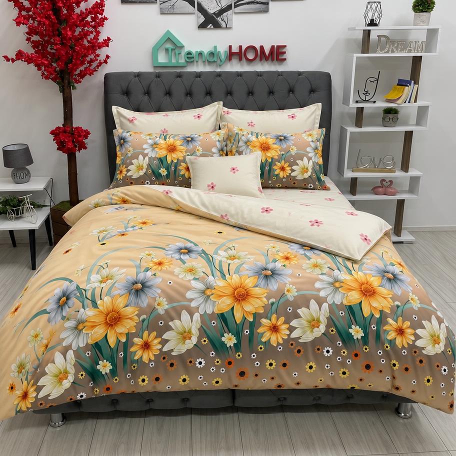 Lenjerie Bumbac Finet 6 Piese – Model Flori de Câmp, Bej/Galben, R60-469 — fotografie reală, acasă