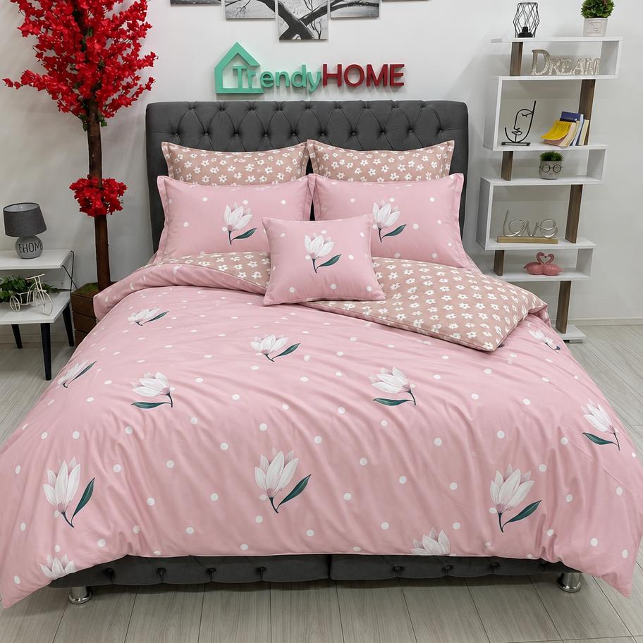 Lenjerie Bumbac Finet 6 Piese – Model Flori, Roz, R60-512 — fotografie reală, acasă