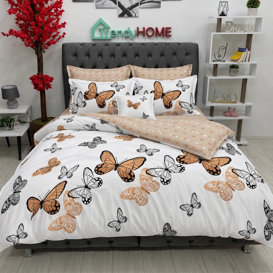 Lenjerie Bumbac Finet 6 Piese – Model Fluturi, Alb/Maro, R60-227 — fotografie reală, acasă