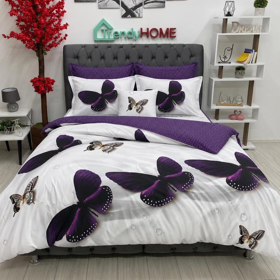Lenjerie Bumbac Finet 6 Piese – Model Fluturi, Alb/Mov, R60-219 — fotografie reală, acasă