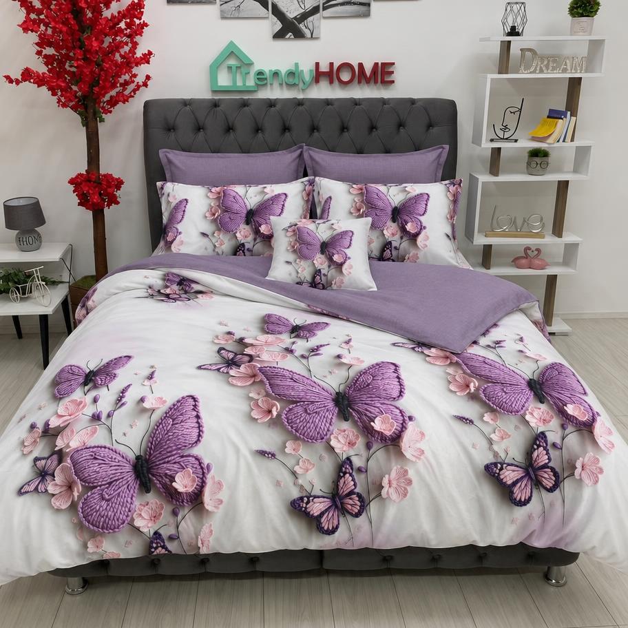 Lenjerie Bumbac Finet 6 Piese – Model Fluturi, Alb/Mov, R60-644 — fotografie reală, acasă