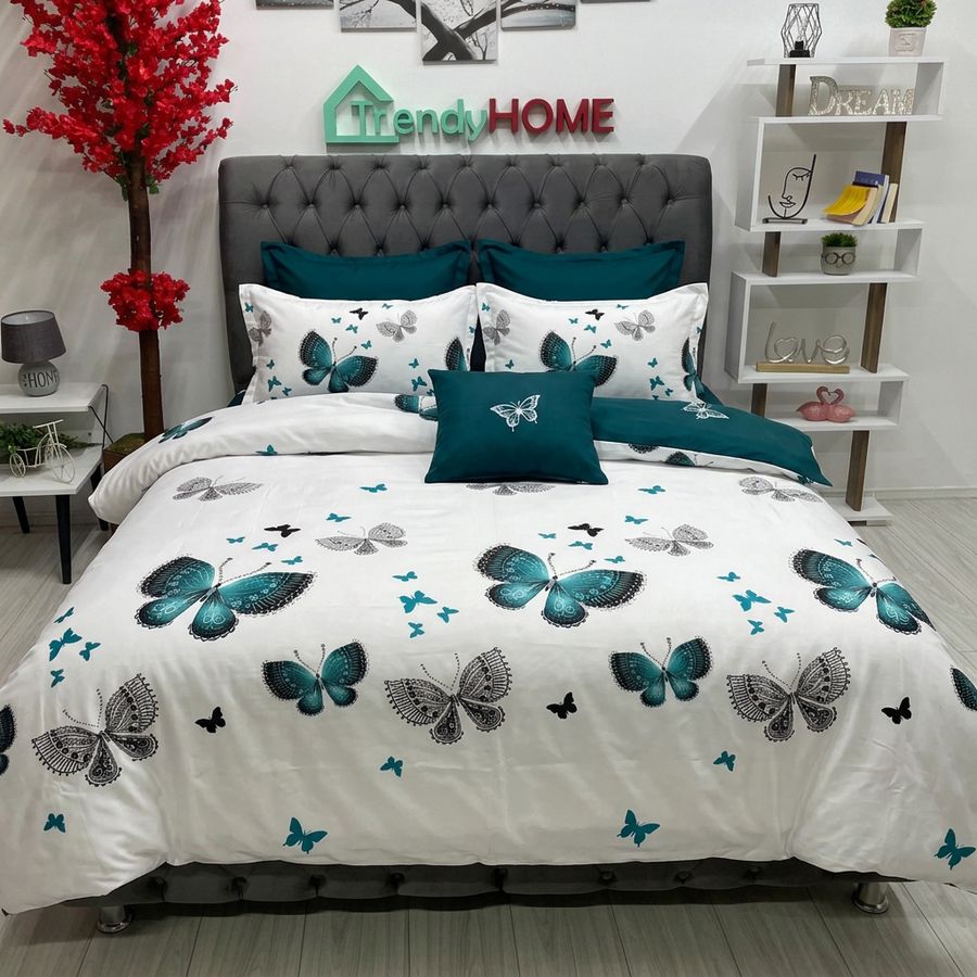 Lenjerie Bumbac Finet 6 Piese – Model Fluturi, Alb/Turcoaz, R60-338 — fotografie reală, acasă