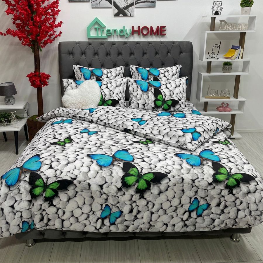 Lenjerie Bumbac Finet 6 Piese – Model Fluturi, Gri/Albastru/Verde, R60-224 — fotografie reală, acasă