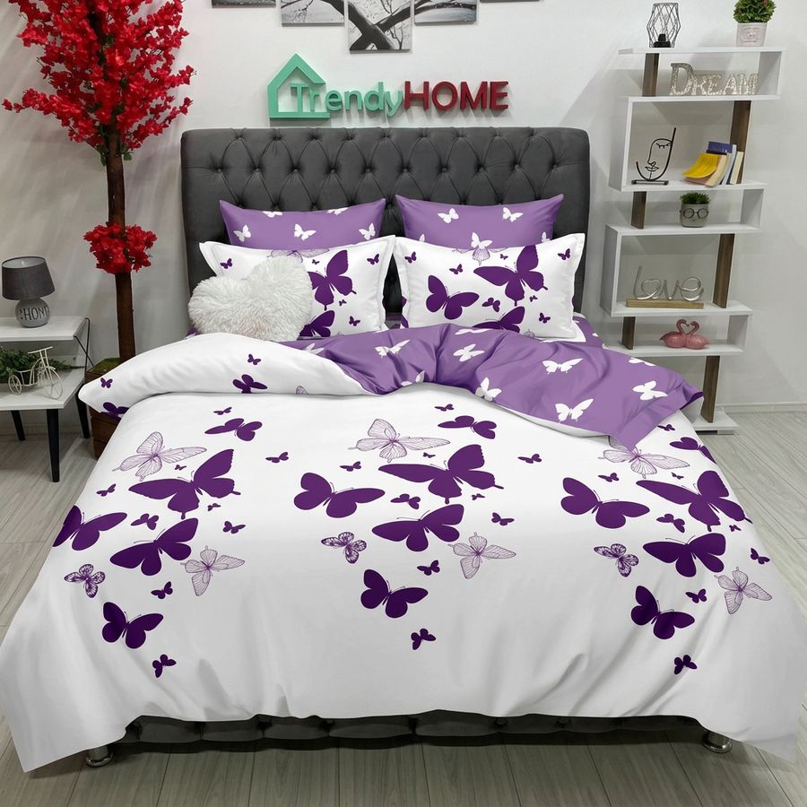 Lenjerie Bumbac Finet 6 Piese – Model Fluturi, Mov-Lila, R60-233 — fotografie reală, acasă