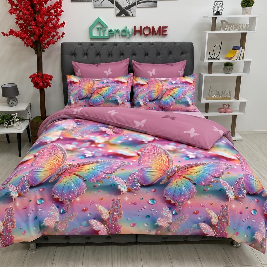 Lenjerie Bumbac Finet 6 Piese – Model Fluturi, Roz/Multicolor, R60-618 — fotografie reală, acasă