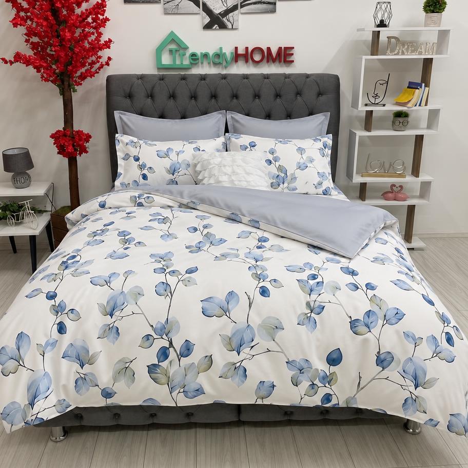 Lenjerie Bumbac Finet 6 Piese – Model Frunze, Alb/Bleu, R60-538 — fotografie reală, acasă