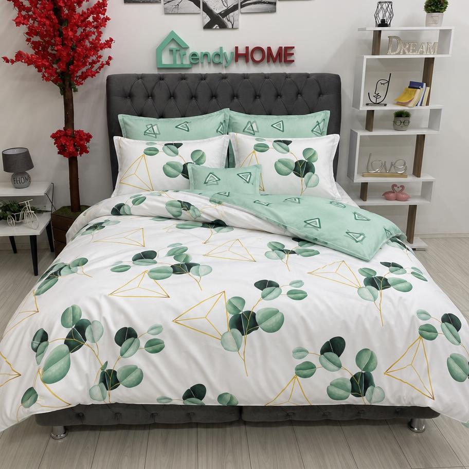 Lenjerie Bumbac Finet 6 Piese – Model Frunze, Alb/Verde, R60-385 — fotografie reală, acasă