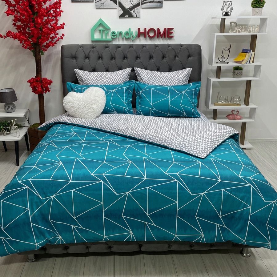 Lenjerie Bumbac Finet 6 Piese – Model Geometric, Turcoaz/Alb, R60-380 — fotografie reală, acasă