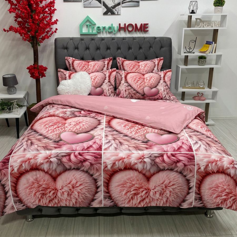 Lenjerie Bumbac Finet 6 Piese – Model Inimi Pufoase, Roz, R60-617 — fotografie reală, acasă