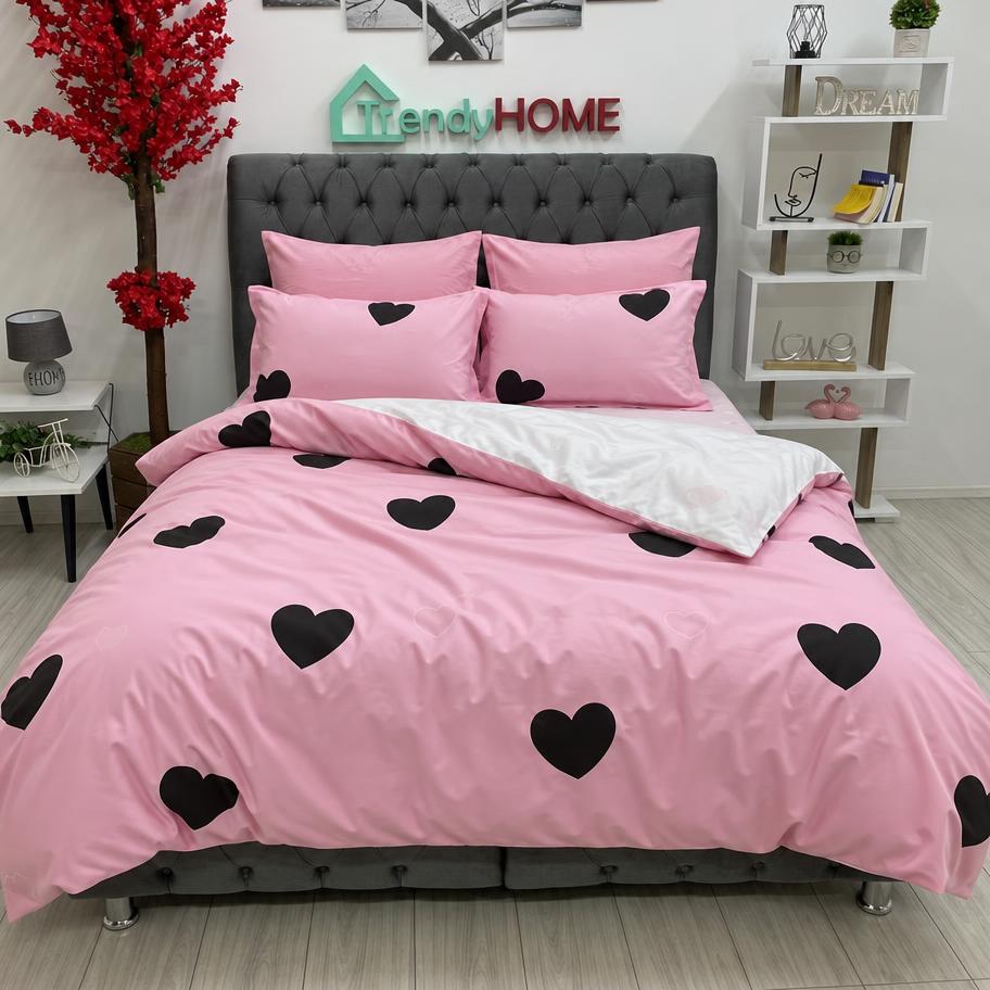 Lenjerie Bumbac Finet 6 Piese – Model Inimi, Roz/Negru, R60-359 — fotografie reală, acasă