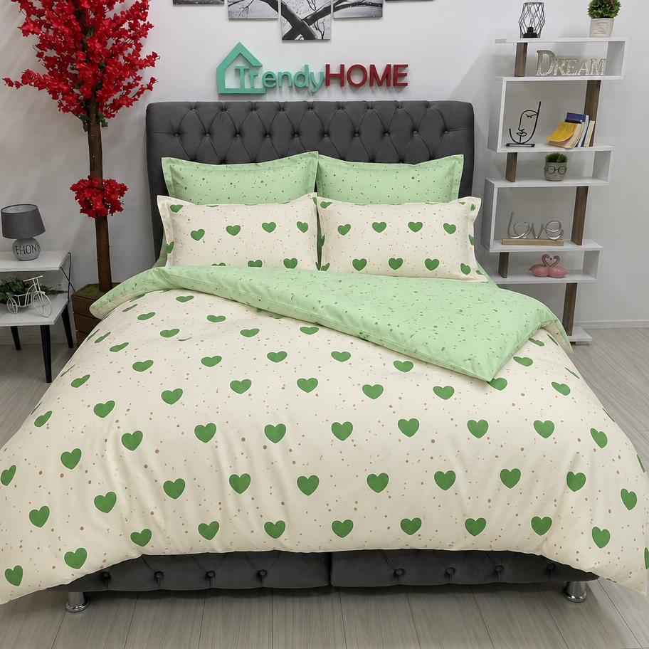 Lenjerie Bumbac Finet 6 Piese – Model Inimioare, Crem/Verde, R60-525 — fotografie reală, acasă