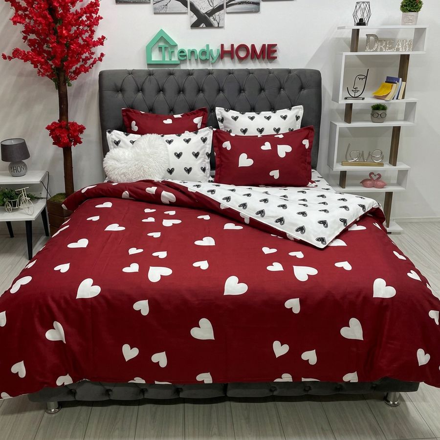 Lenjerie Bumbac Finet 6 Piese – Model Inimioare, Rosu/Alb, R60-241 — fotografie reală, acasă