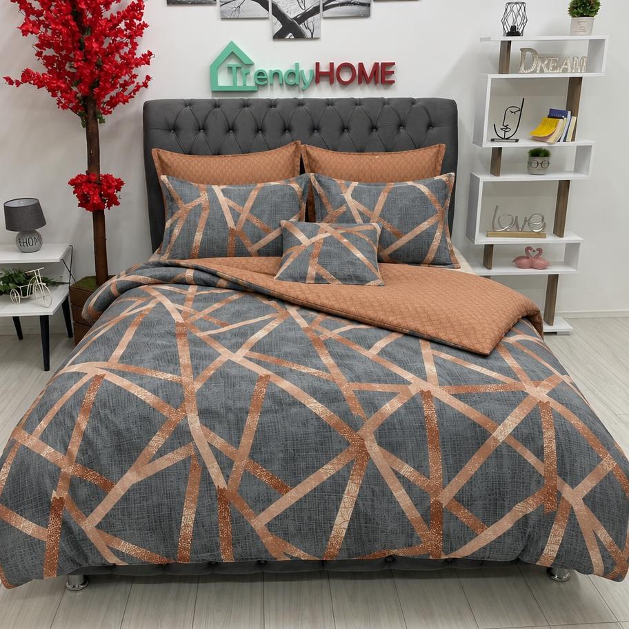 Lenjerie Bumbac Finet 6 Piese – Model Linii, Gri/Cupru, R60-397 — fotografie reală, acasă