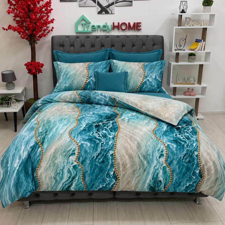 Lenjerie Bumbac Finet 6 Piese – Model Marmură, Turcoaz, R60-583 — fotografie reală, acasă