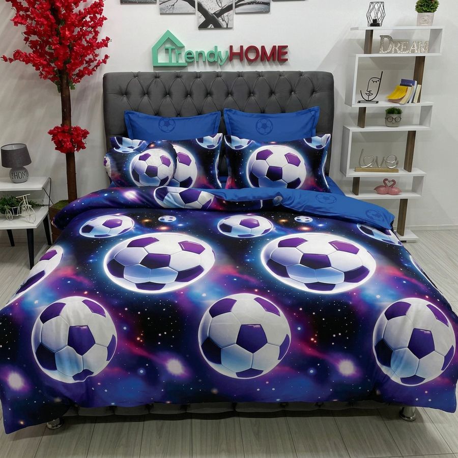 Lenjerie Bumbac Finet 6 Piese – Model Minge Fotbal, Albastru/Mov, R60-616 — fotografie reală, acasă