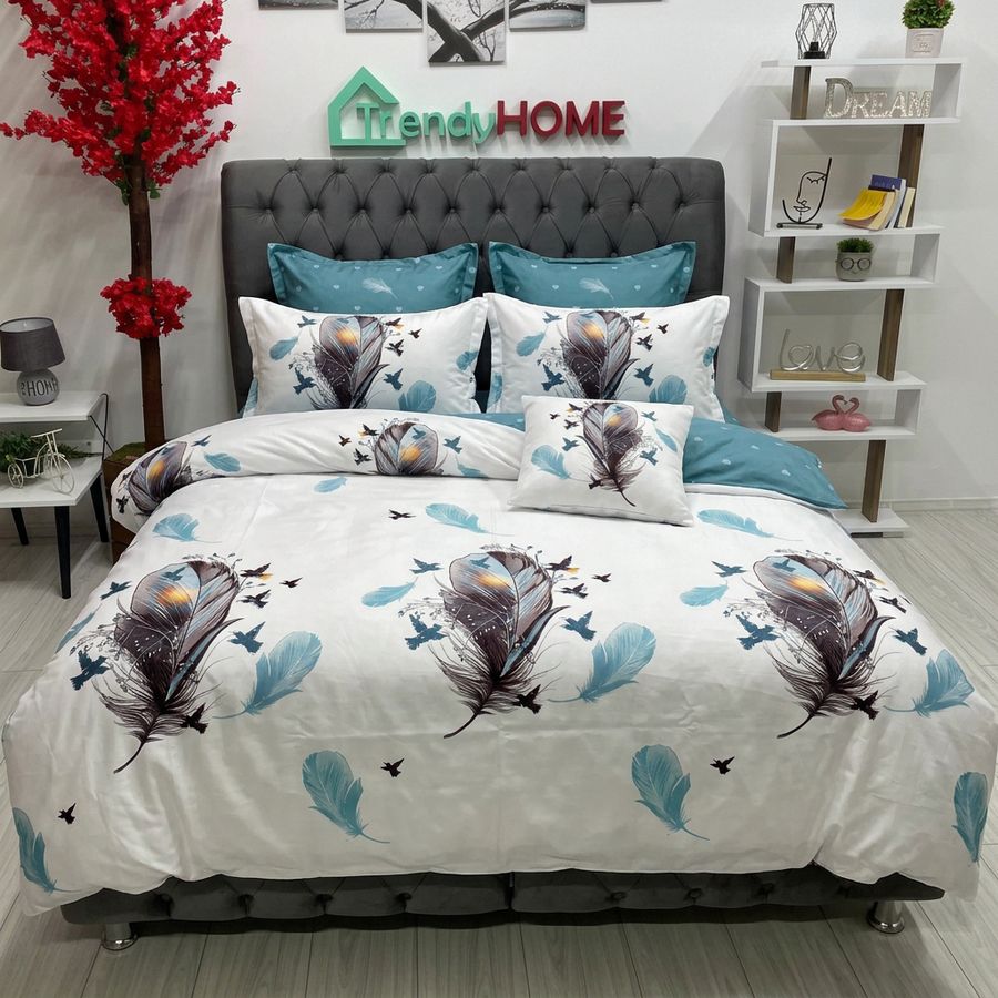 Lenjerie Bumbac Finet 6 Piese – Model Pene, Alb/Albastru, R60-282 — fotografie reală, acasă
