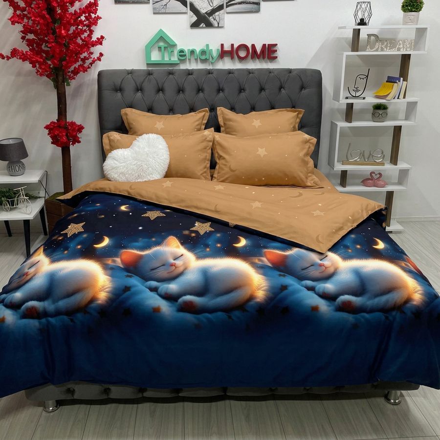 Lenjerie Bumbac Finet 6 Piese – Model Pisicute, Bleumarin/Maro, R60-621 — fotografie reală, acasă