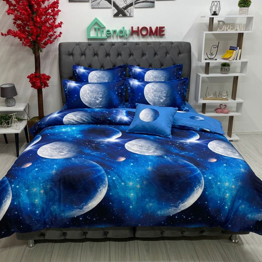 Lenjerie Bumbac Finet 6 Piese – Model Planete, Albastru, R60-588 — fotografie reală, acasă