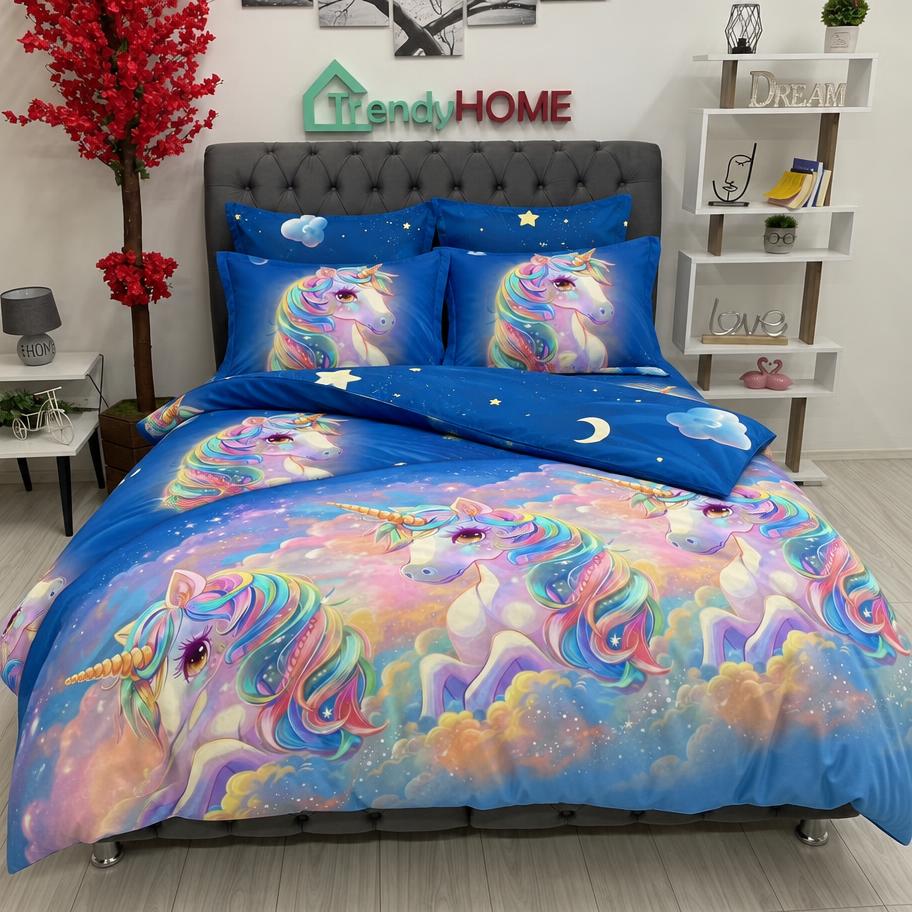 Lenjerie Bumbac Finet 6 Piese – Model Unicorn, Albastru, R60-646 — fotografie reală, acasă