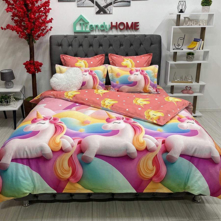 Lenjerie Bumbac Finet 6 Piese – Model Unicorni, Multicolor, R60-620 — fotografie reală, acasă