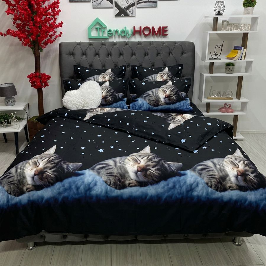 Lenjerie Bumbac Finet 6 Piese, Pisicuta, Negru, R60-612 — fotografie reală, acasă