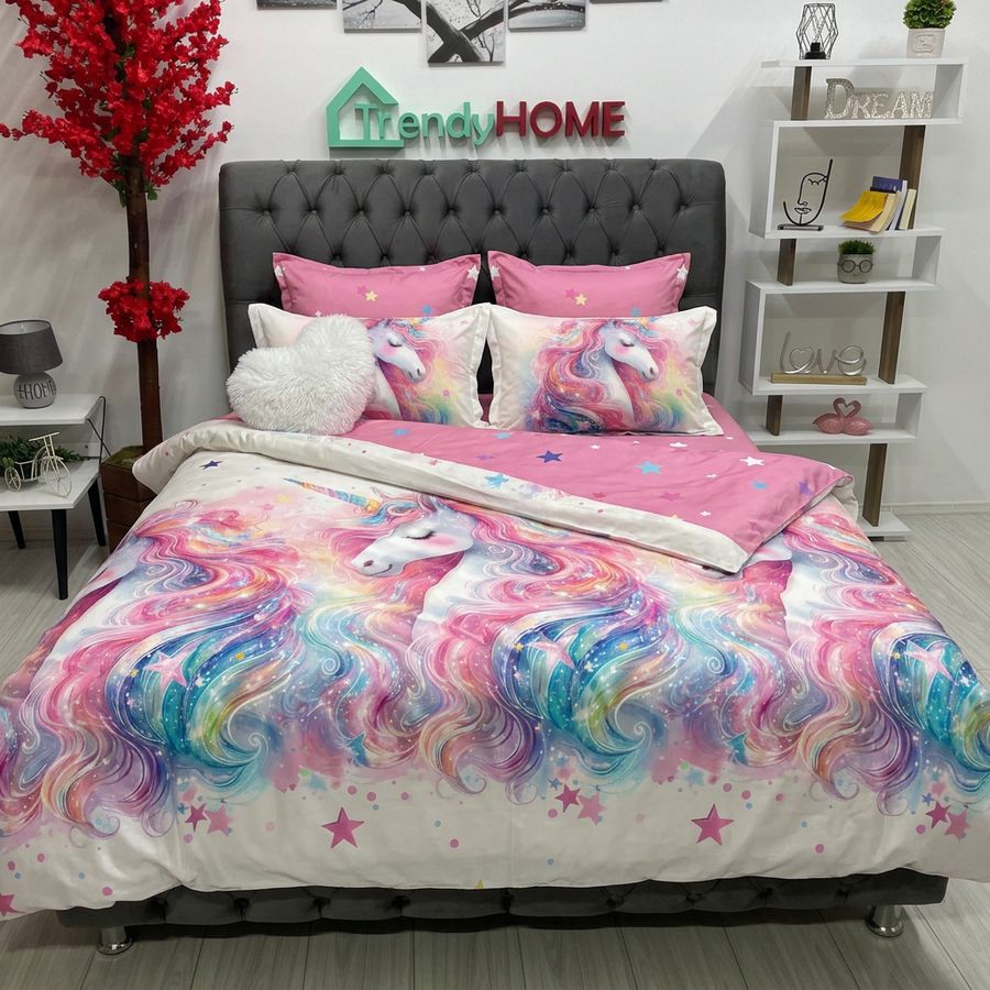 Lenjerie Bumbac Finet, 6 Piese, Unicorni, Roz, R60-584 — fotografie reală, acasă
