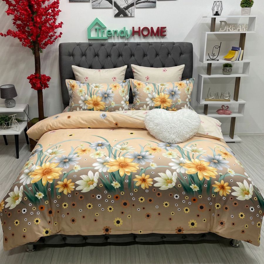 Lenjerie Bumbac Finet cu Elastic  6 Piese,Camp cu flori ,Crem ,T170 — fotografie reală, acasă