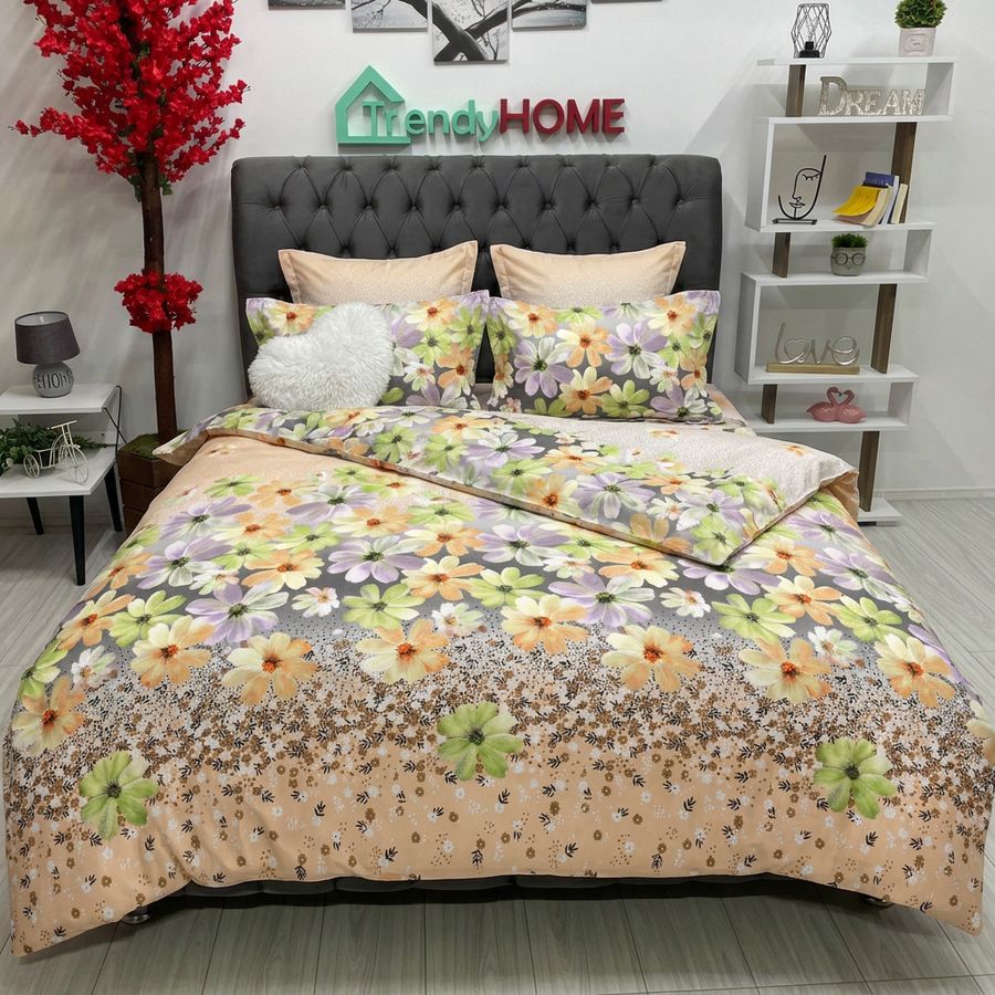 Lenjerie Bumbac Finet cu Elastic 6 Piese,Camp de flori ,Crem,T62 — fotografie reală, acasă