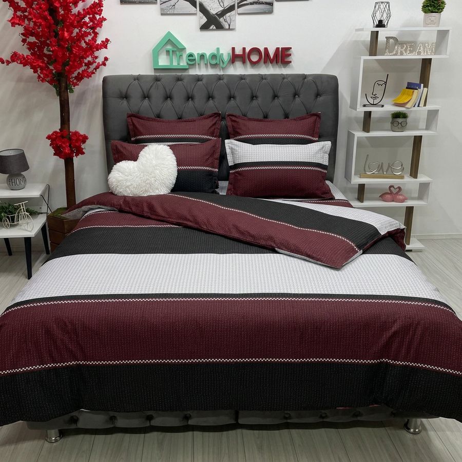 Lenjerie Bumbac Finet cu Elastic 6 Piese,Dungi,Visiniu ,T122 — fotografie reală, acasă