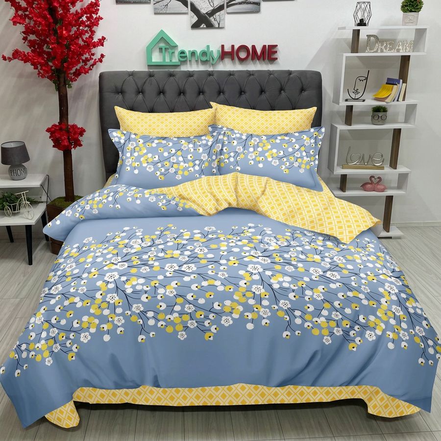 Lenjerie Bumbac Finet cu Elastic 6 Piese,Flori, Bleu-Galben ,T01 — fotografie reală, acasă