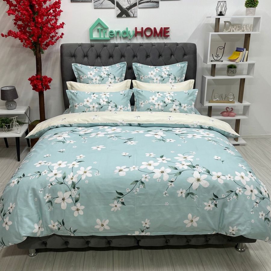 Lenjerie Bumbac Finet cu Elastic 6 Piese,Flori , Bleu ,T29 — fotografie reală, acasă