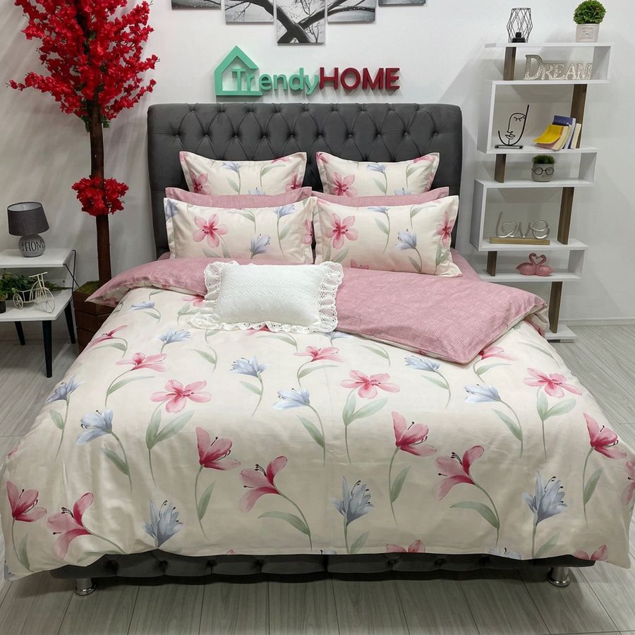 Lenjerie Bumbac Finet cu Elastic 6 Piese, Flori,Roz,T278 — fotografie reală, acasă