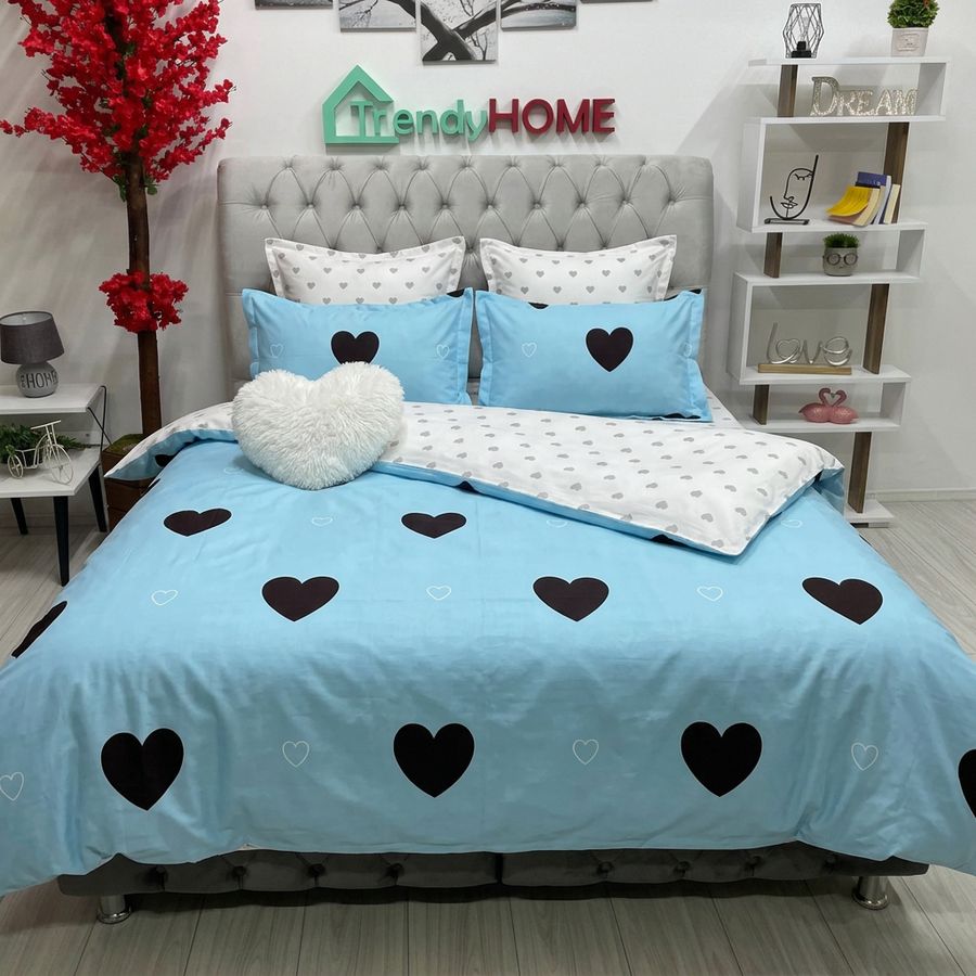 Lenjerie Bumbac Finet cu Elastic  6 Piese,Inimi, Bleu ,T03 — fotografie reală, acasă