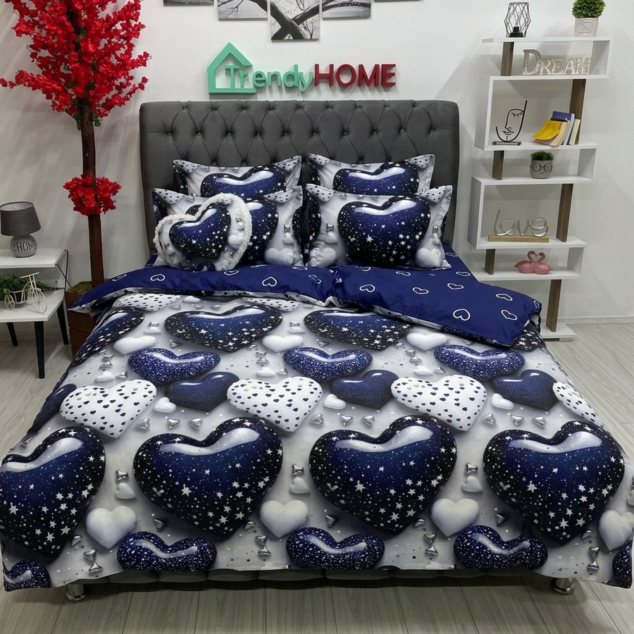 Lenjerie Bumbac Finet Cu Elastic, 6 Piese, Inimioare, Albastru, T324 — fotografie reală, acasă
