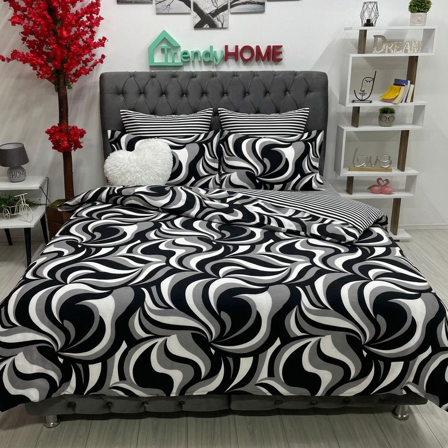 Lenjerie Bumbac Finet cu Elastic  6 Piese,Linii,Alb-Negru,T94 — fotografie reală, acasă
