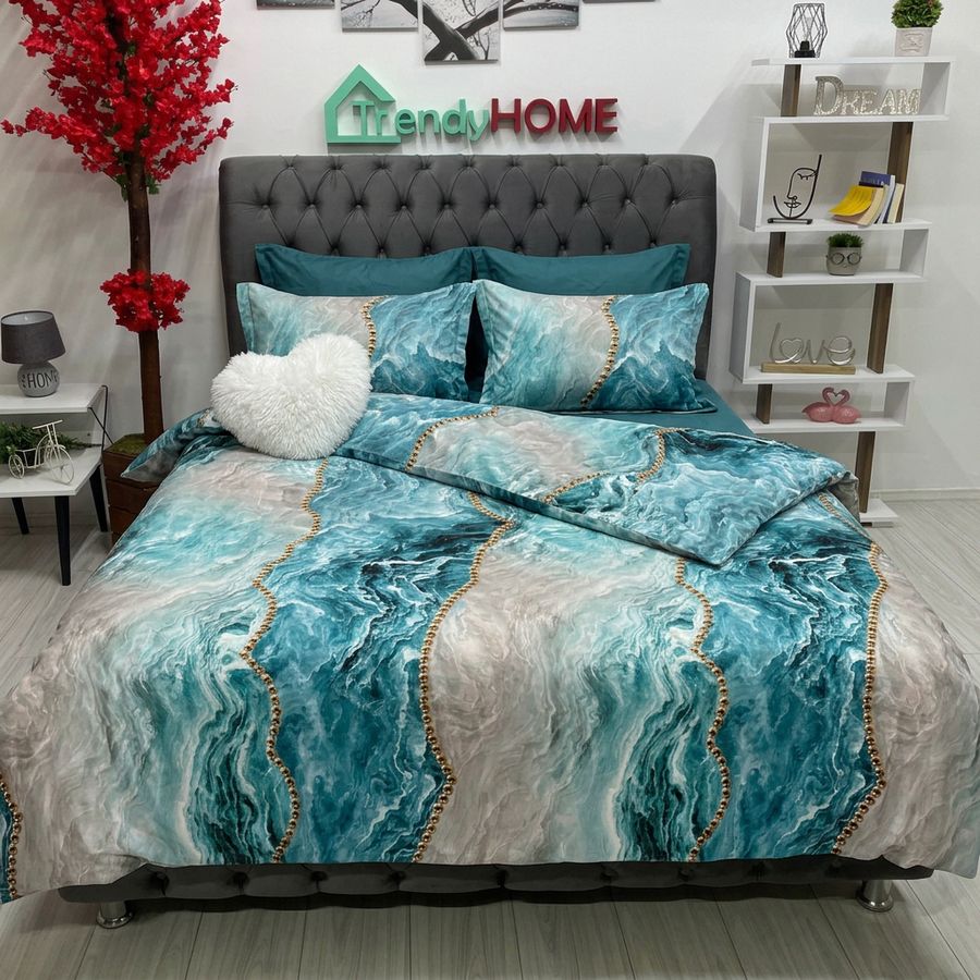Lenjerie Bumbac Finet cu Elastic  6 Piese, Marmura,Albastru,T291 — fotografie reală, acasă