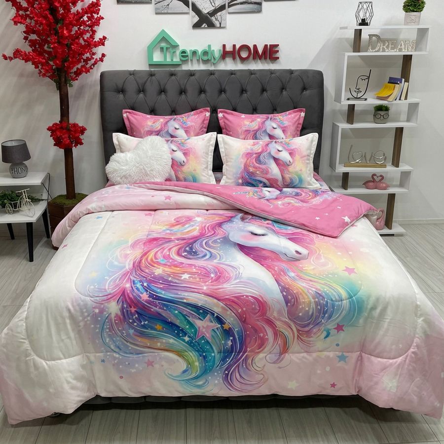 Lenjerie Bumbac Finet cu Elastic 6 Piese, Roz,Unicorn,T292 — fotografie reală, acasă